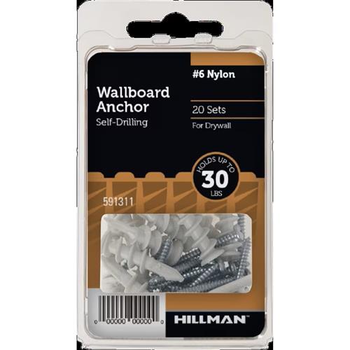 HILLMAN 20 SET 30lb NYLON WALLBOARD ANCHOR & SCREWS #6