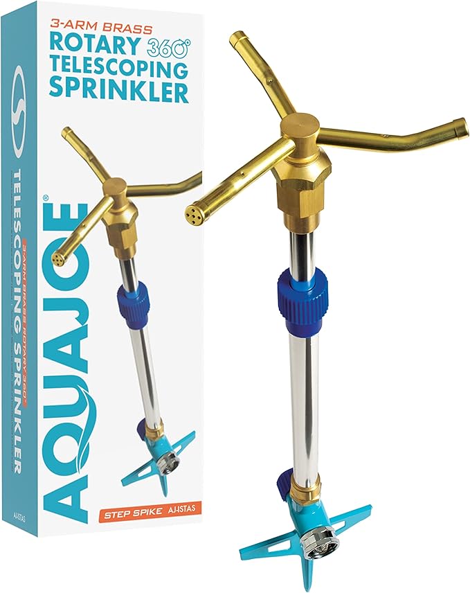 Aqua Joe Indestructible Brass 3-Arm Rotating Sprinkler w/Telescopic Spike up to 31 Inches