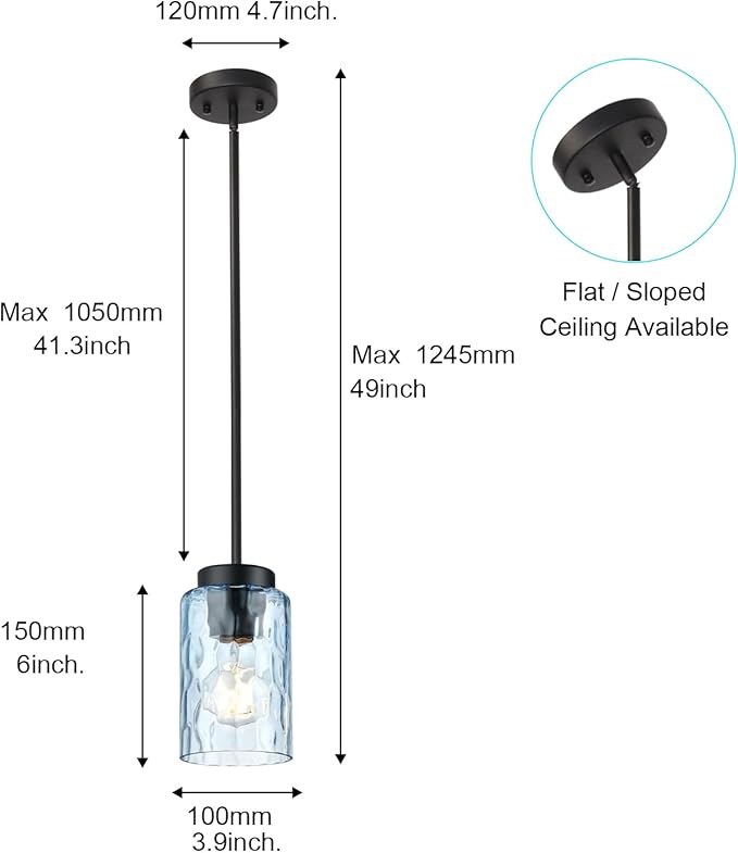 BONLICHT Modern Farmhouse Blue Hammered Glass Cylinder Pendant Light Fixture, 2 Pack