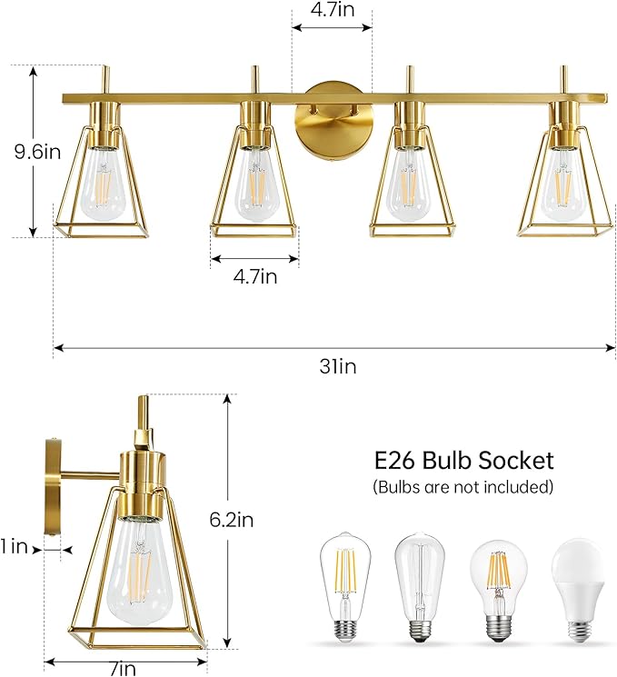 Hahzt 4-Light Vintage Cage Vanity Light Fixture (GOLD) (🔥Deal)