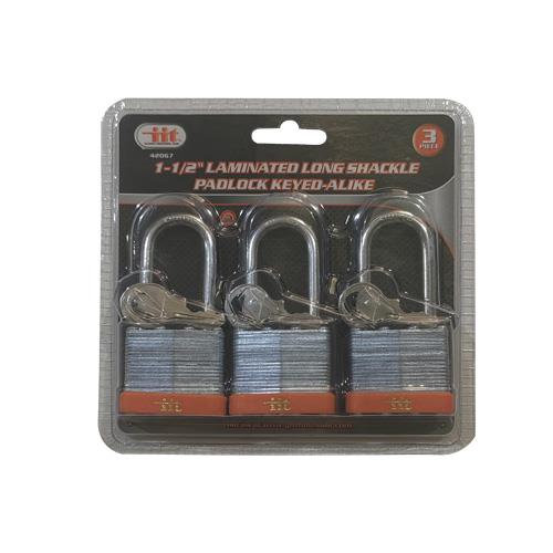 3PC 1.5" LAMINATED PADLOCK LONG SHANK KEYED ALIKE