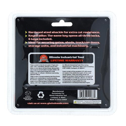 3PC 1.5" LAMINATED PADLOCK LONG SHANK KEYED ALIKE