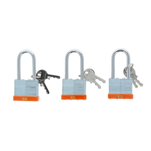 3PC 1.5" LAMINATED PADLOCK LONG SHANK KEYED ALIKE
