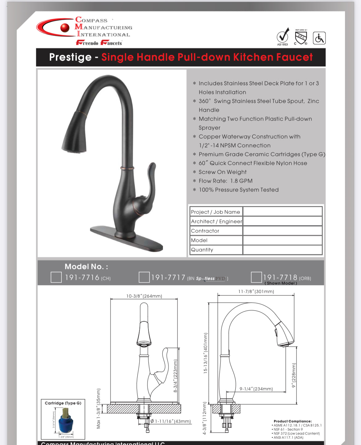 CMI 191-7718 SH High Arc Pull Down Kitchen Faucet (Oil Rubbed Bronze)