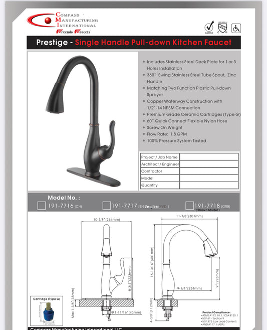 CMI 191-7718 SH High Arc Pull Down Kitchen Faucet (Oil Rubbed Bronze)