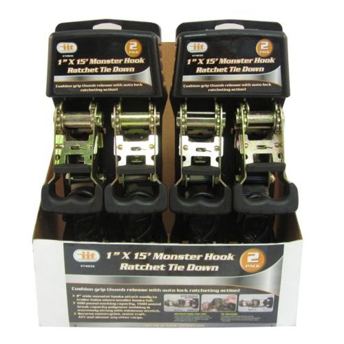 1" X 15' Monster Hook Ratchet Tie Down 2 Pack