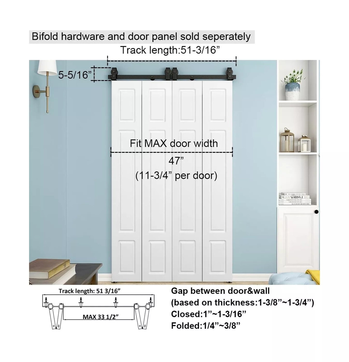 DiyHD 11-3/4" White Bifold Barn Door Slab Set of 2