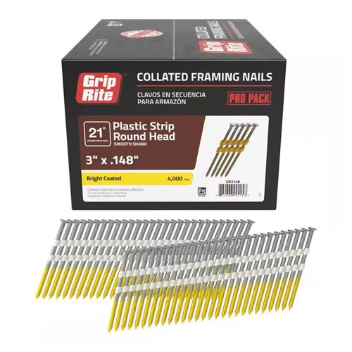 GRIP-RITE 4,000PC COLLATED FRAMING NAILS 21° PLASTIC STRIP ROUND HEAD 3-1/4''x.1