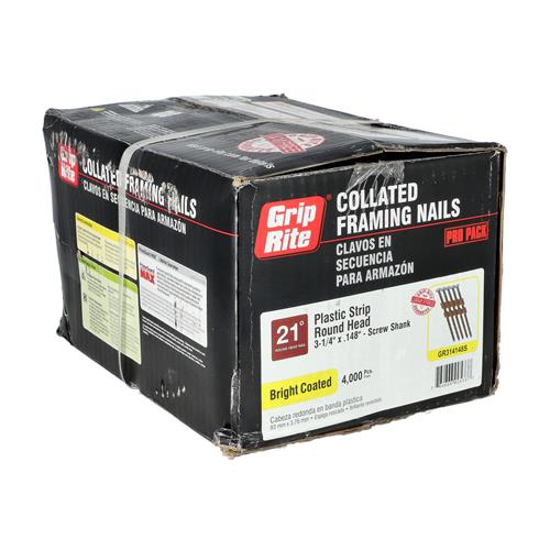 GRIP-RITE 4,000PC COLLATED FRAMING NAILS 21° PLASTIC STRIP ROUND HEAD 3-1/4''x.1
