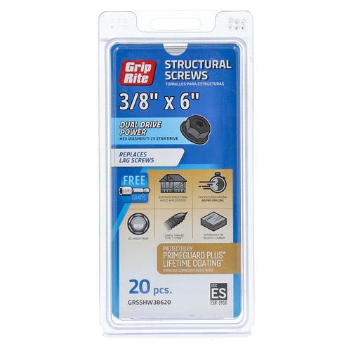 GRIP-RITE 20PC STRUCTURAL SCREWS 3/8x6''