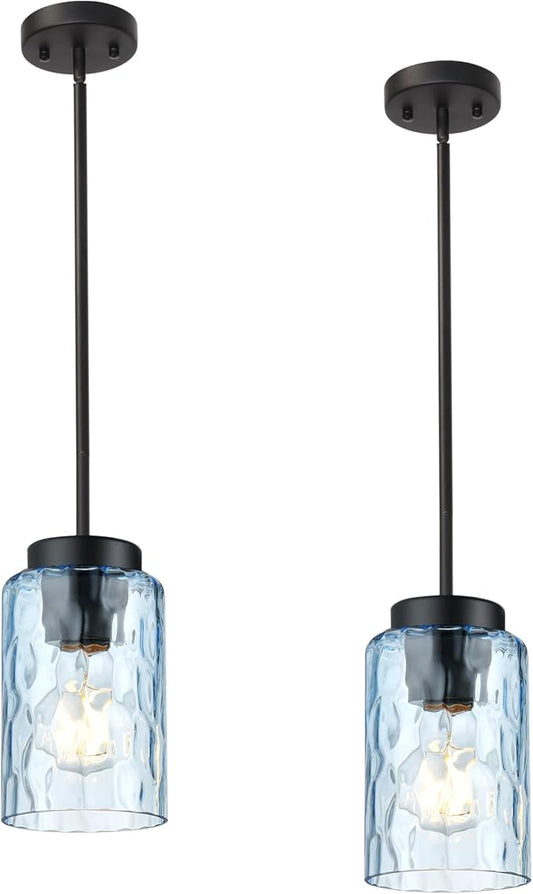 BONLICHT Modern Farmhouse Blue Hammered Glass Cylinder Pendant Light Fixture, 2 Pack