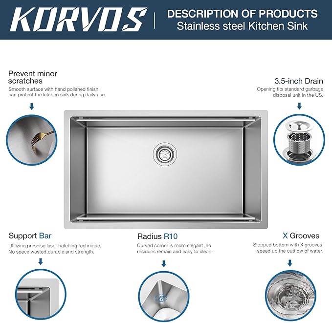 Korvos Work Station 32"x19" Kitchen Sink