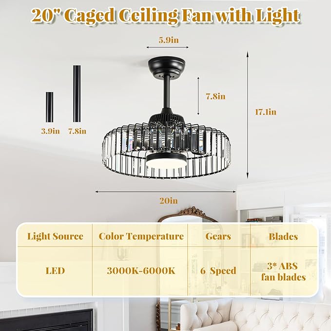 SHOWDI Fandelier Ceiling Fan with Light and Remote,20" APP Control Led Quiet Caged Crystal Ceiling Fan with Light  (Black)