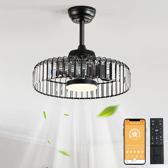 SHOWDI Fandelier Ceiling Fan with Light and Remote,20" APP Control Led Quiet Caged Crystal Ceiling Fan with Light  (Black)